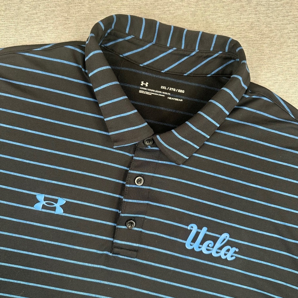 UCLA‎ Bruins Under Armour Polo Shirt Mens 2XL Loose Black Blue Striped HeatGear